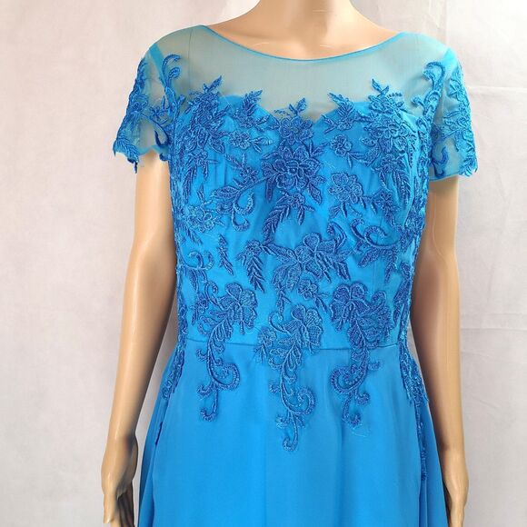 New Mother of the Bride (12) Deep Sky Blue Chiffon Embroidery Hi-Low Midi Dress - Picture 2 of 10
